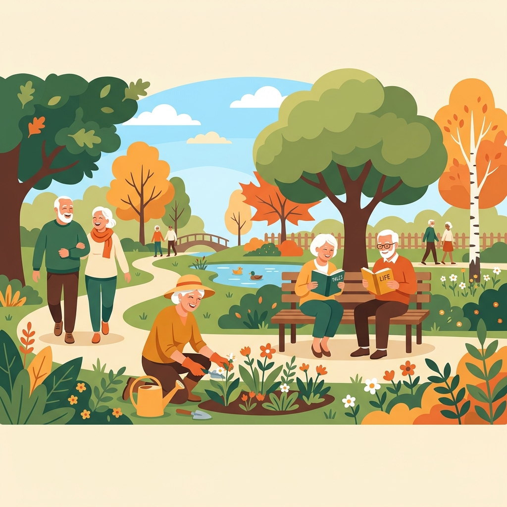 Illustration of active seniors outdoors